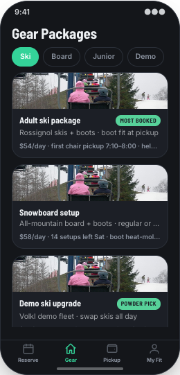 Ski Rental Shop prototype screen showing Gear Packages