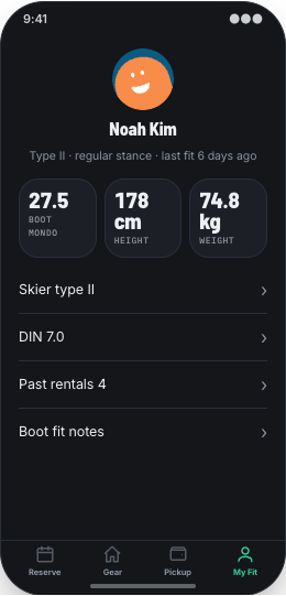 Ski Rental Shop prototype screen showing Pickup Pass