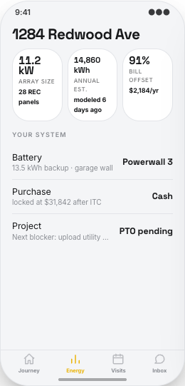 Solar Installer prototype screen showing Permit and utility blocker status