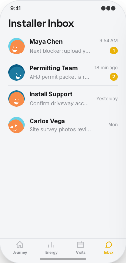 Solar Installer prototype screen showing Production and savings home screen