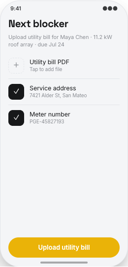 Solar Installer prototype screen showing Solar document requests