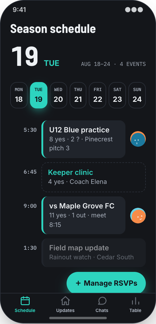 Youth Sports League prototype showing Season schedule