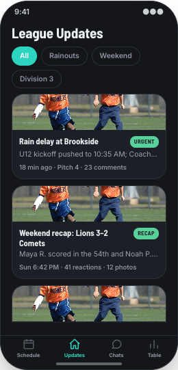 Youth Sports League prototype screen showing Game and practice RSVPs