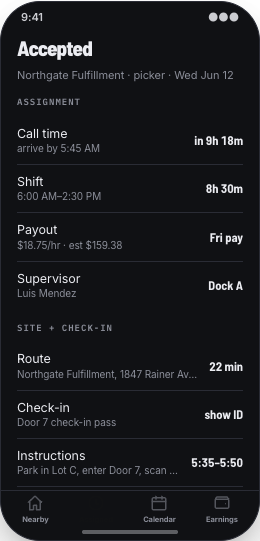 Staffing Agency prototype screen showing One-tap shift claiming