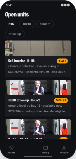 Self-Storage Facility prototype screen showing Fastest route to the unit