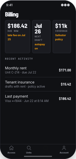 Self-Storage Facility prototype screen showing Open unit browsing