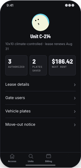 Self-Storage Facility prototype screen showing Upgrade or add space