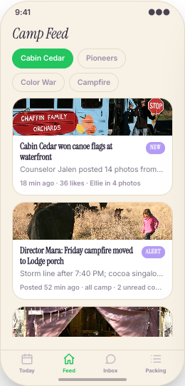 Summer Camp prototype screen showing Camp Feed