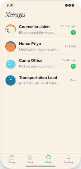 Summer Camp prototype screen showing Cabin and group photos