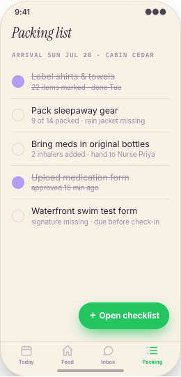 Summer Camp prototype screen showing Packing List