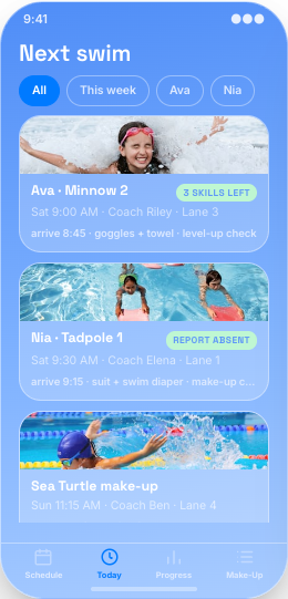 Swim School prototype screen showing Child-by-child booking