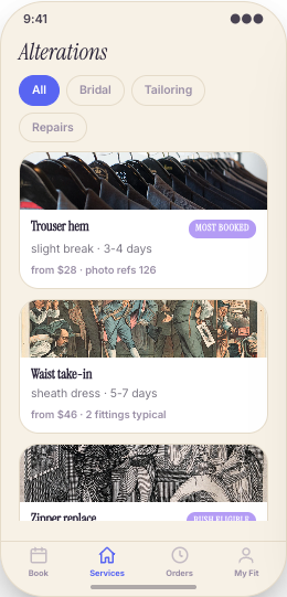 Tailor & Alterations Shop prototype screen showing Alteration Services