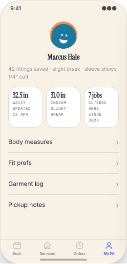Tailor & Alterations Shop prototype screen showing Order Tracker