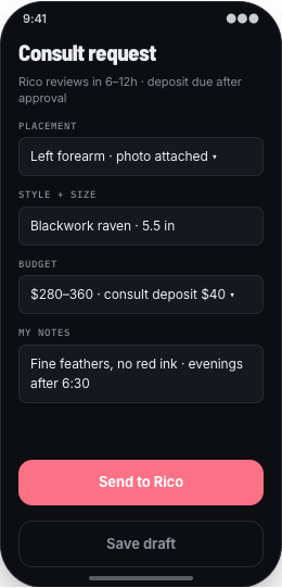 Tattoo Studio prototype screen showing Deposit and slot protection