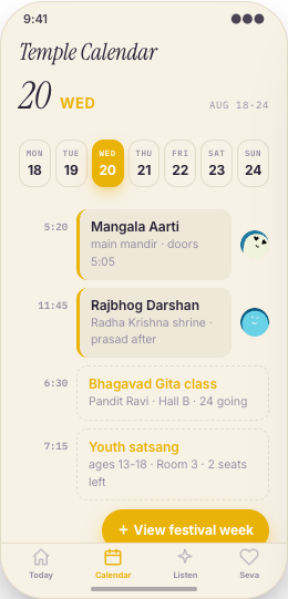 Temple & Mandir Community prototype screen showing Aarti and darshan schedule