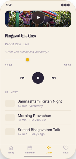 Temple & Mandir Community prototype screen showing Shrine notices