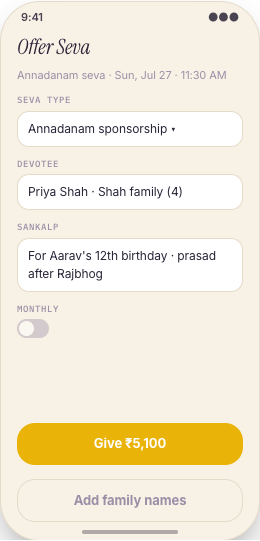 Temple & Mandir Community prototype screen showing Festival Calendar
