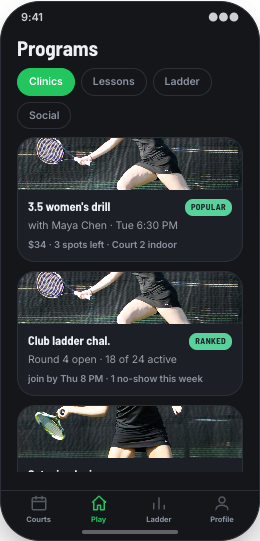 Tennis Club prototype screen showing Court reminders and no-show control