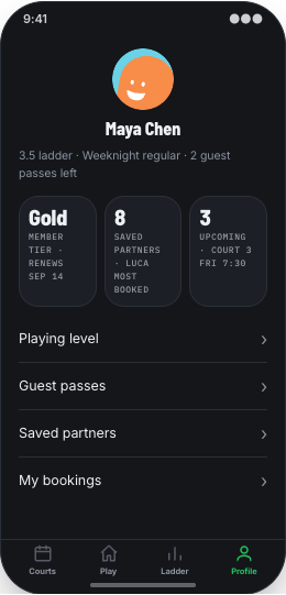 Tennis Club prototype screen showing Easy program signup