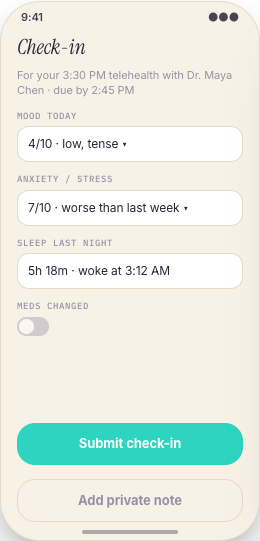 Therapist Practice prototype screen showing Pre-session check-ins