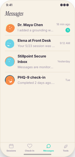 Therapist Practice prototype screen showing Secure updates and questions