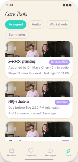 Therapist Practice prototype screen showing Therapist-assigned tools