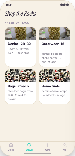 Thrift Store prototype screen showing Shop the Racks