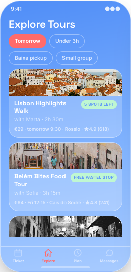 Lisbon Tour Operator prototype screen showing Tour cards built for decisions