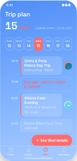 Lisbon Tour Operator prototype screen showing Reserve Seats