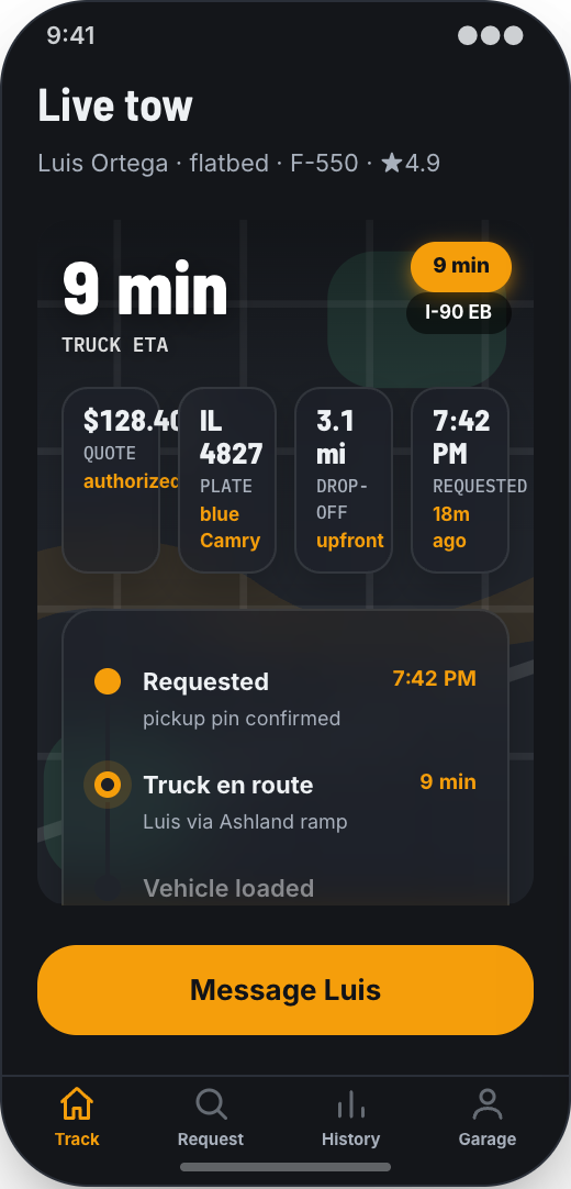 Towing Company prototype showing Request Help