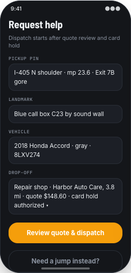 Towing Company prototype screen showing Exact pickup pin