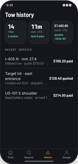Towing Company prototype screen showing Vehicle details