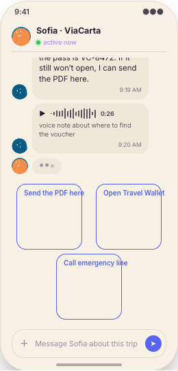 Travel Agency prototype screen showing Tailored quote handoff