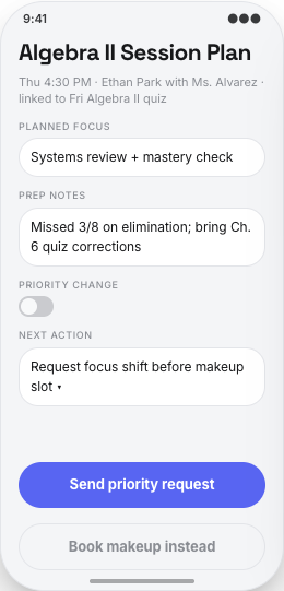 Tutoring Center prototype screen showing Session prep focus