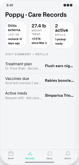 Veterinary Clinic prototype screen showing My Pets