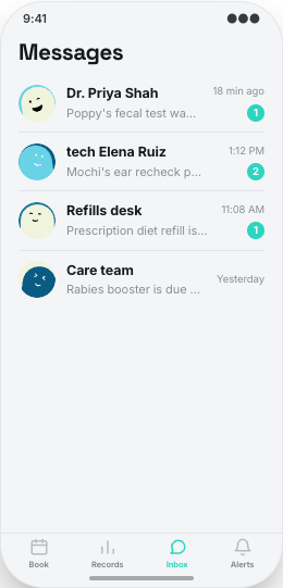 Veterinary Clinic prototype screen showing Care Records