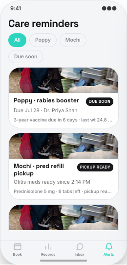 Veterinary Clinic prototype screen showing Clinic Inbox