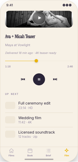 Wedding Videography Studio prototype screen showing Wedding brief