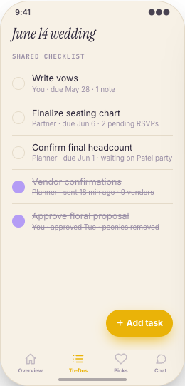 Wedding Planner prototype screen showing Wedding checklist