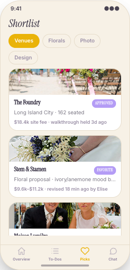 Wedding Planner prototype screen showing Vendor shortlist