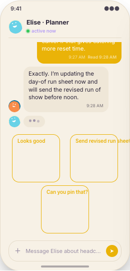 Wedding Planner prototype screen showing Planner chat in context