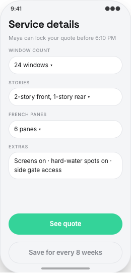 Window Cleaning Service prototype screen showing Visit status